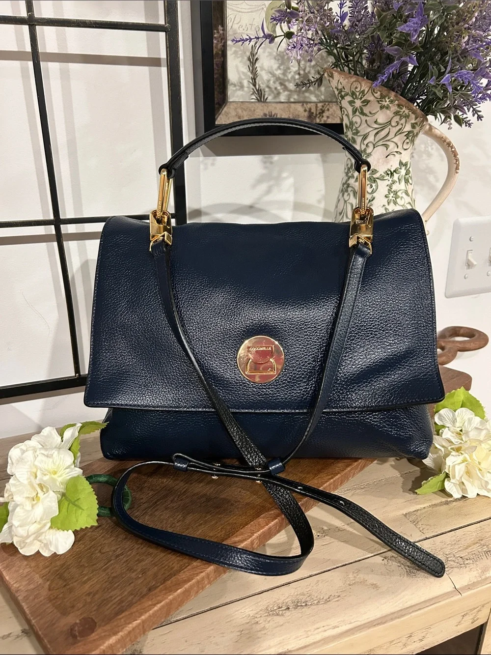 Coccinelle Structured Navy Leather Satchel with Gold Accent - Designer Inspired